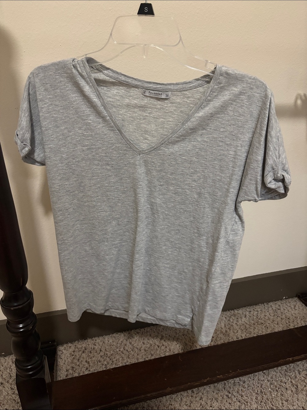 Pull&Bear Light Gray V-Neck Short Sleeve Tee